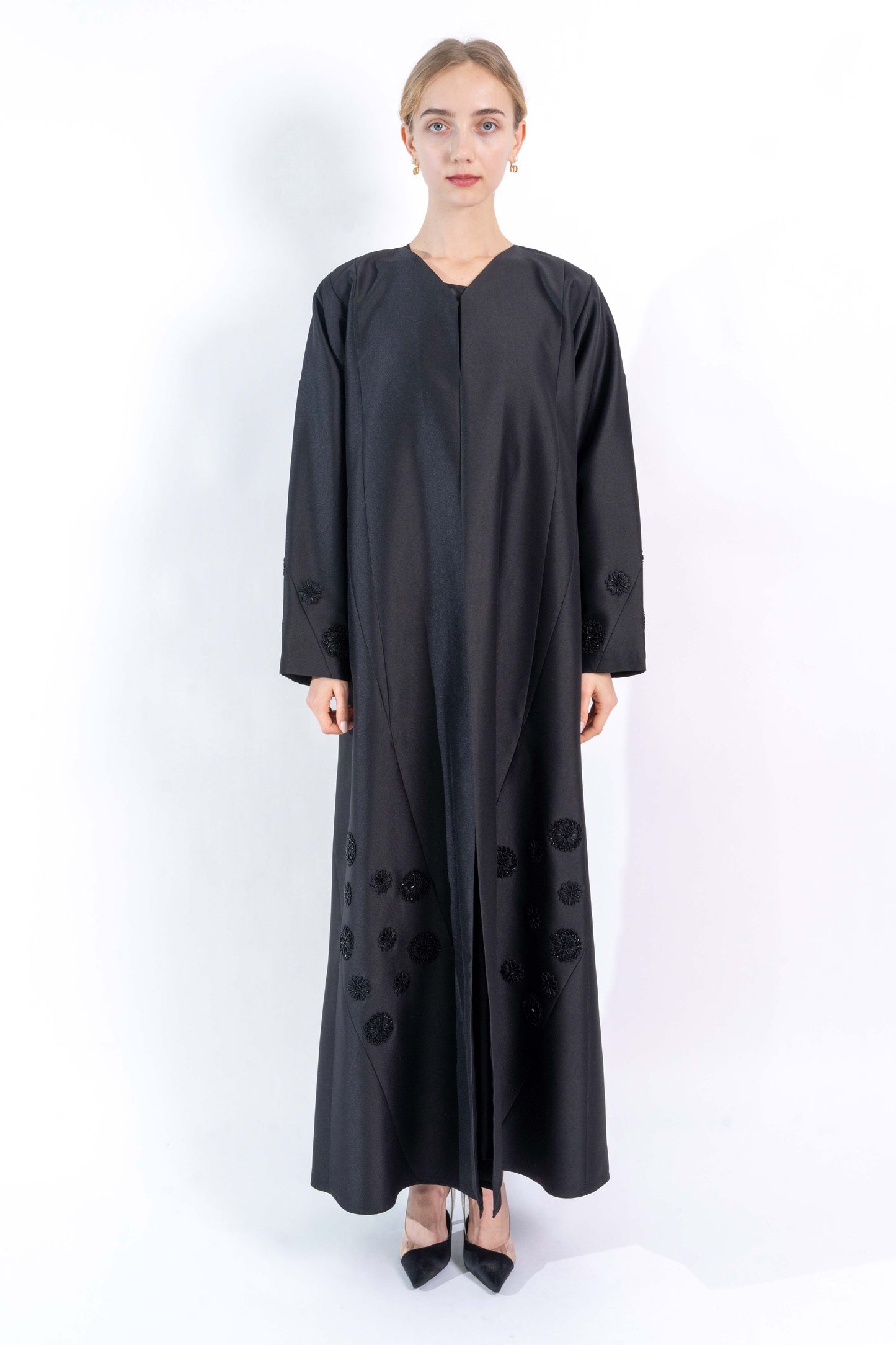 Black Abaya with floral embellishment.