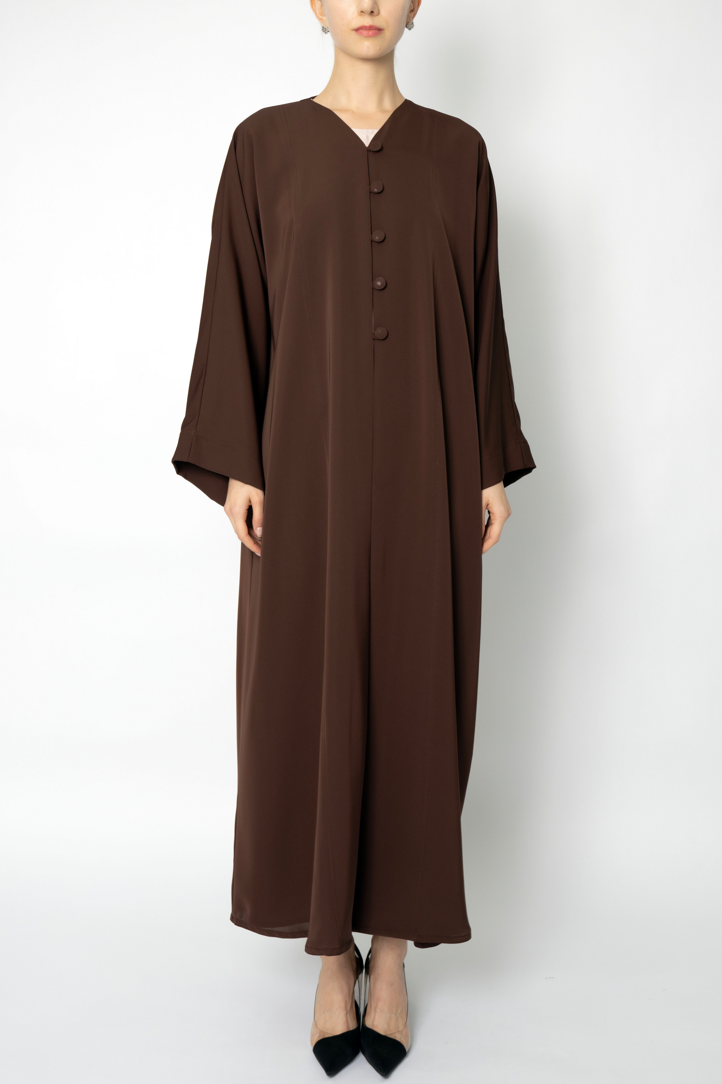 Brown Button Flowy Abaya